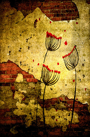Cracked and Broken Wall with Painted Poppies
