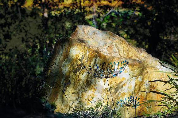 Boulder with Blue Painted Poppies